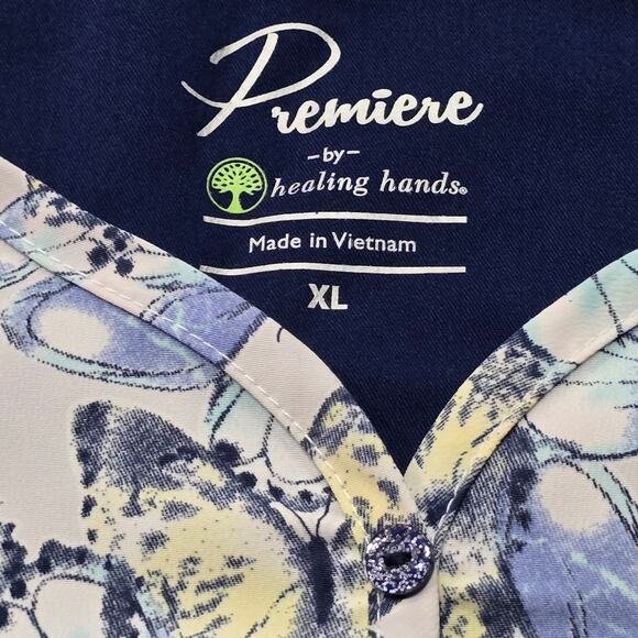 Premiere by Healing Hands Butterfly Y Cut Neck Double Front Pockets Scrub Top - Picture 4 of 8